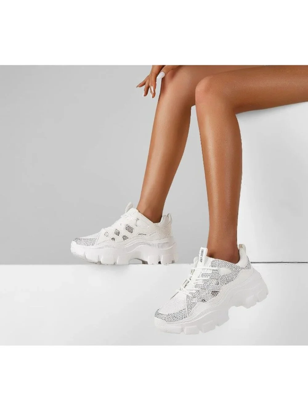 Women's White Rhinestone Lace-Up Color Block Chunky Platform Walking Sneakers